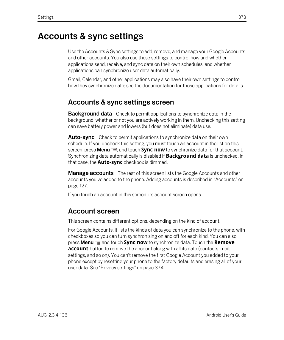 Accounts & sync settings, Accounts & sync settings screen, Background data | Auto-sync, Manage accounts, Account screen, Accounts & sync settings 373 | Google Android 2.3.4 Users Guide User Manual | Page 373 / 384