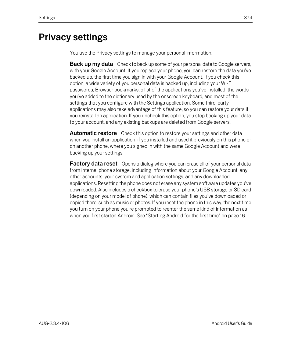 Privacy settings, Back up my data, Automatic restore | Factory data reset, Privacy settings 374 | Google Android 2.3.4 Users Guide User Manual | Page 374 / 384