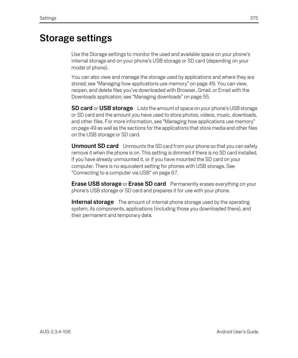 Storage settings, Sd card or usb storage, Unmount sd card | Erase usb storage or erase sd card, Internal storage, Storage settings 375 | Google Android 2.3.4 Users Guide User Manual | Page 375 / 384