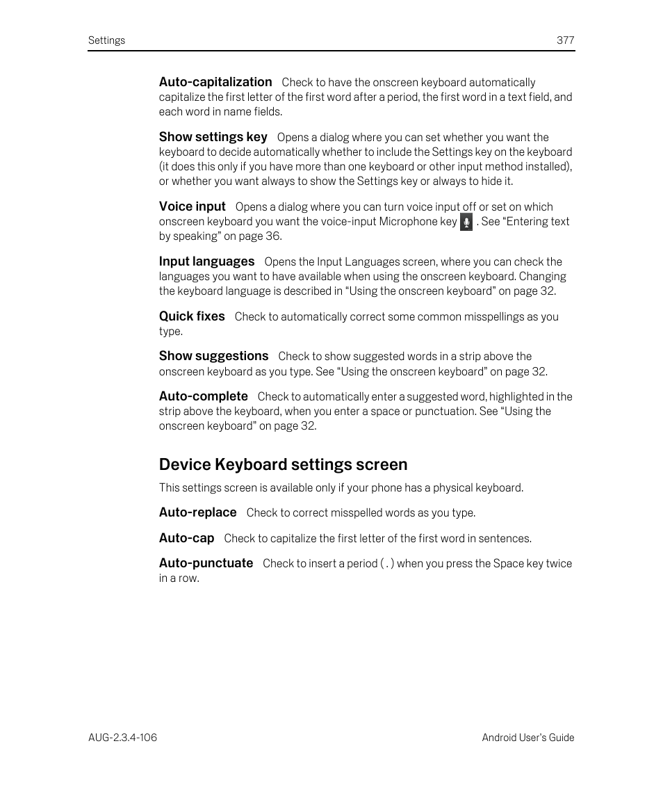 Auto-capitalization, Show settings key, Voice input | Input languages, Quick fixes, Show suggestions, Auto-complete, Device keyboard settings screen, Auto-replace, Auto-cap | Google Android 2.3.4 Users Guide User Manual | Page 377 / 384