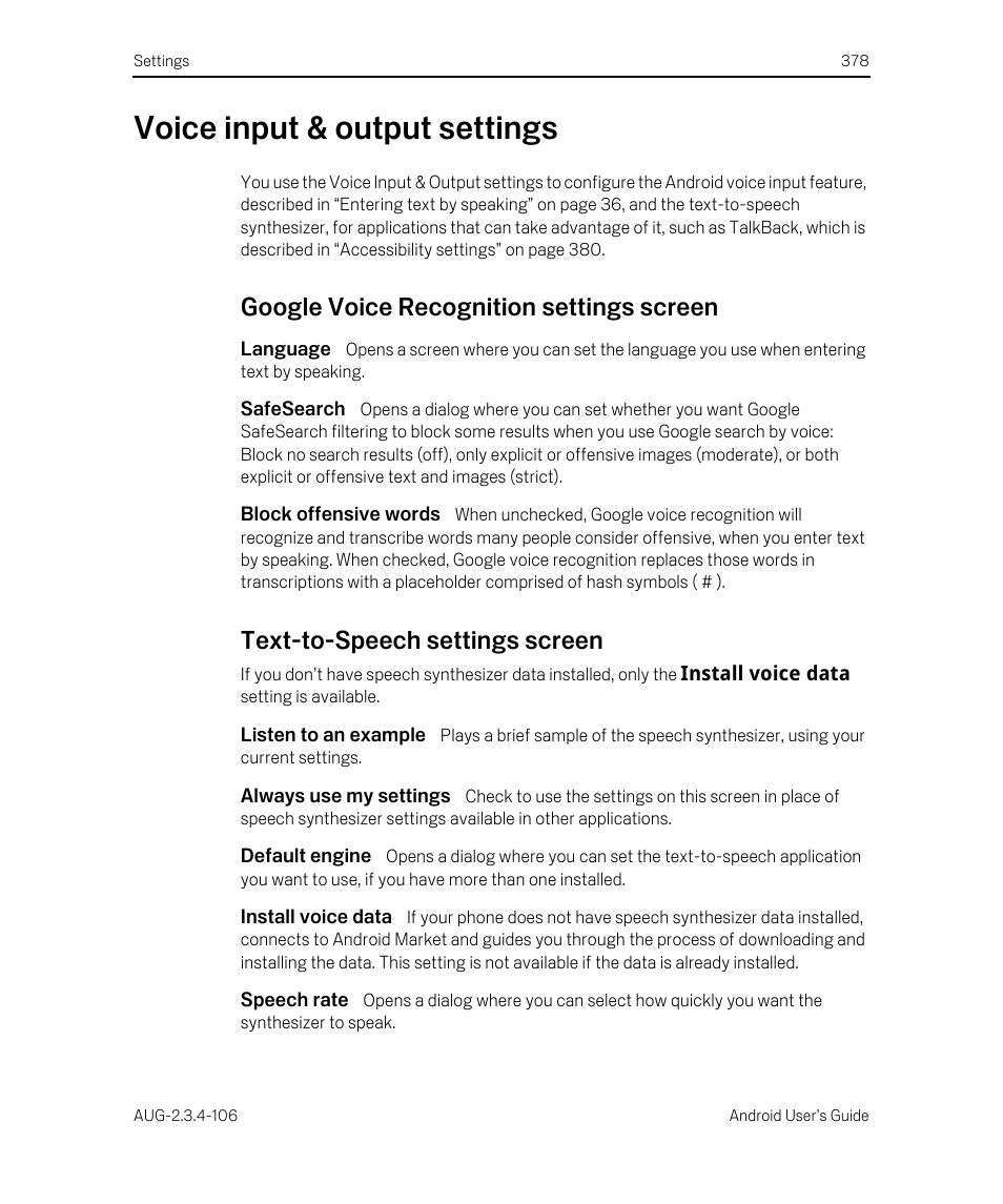 Voice input & output settings, Google voice recognition settings screen, Language | Safesearch, Block offensive words, Text-to-speech settings screen, Listen to an example, Always use my settings, Default engine, Install voice data | Google Android 2.3.4 Users Guide User Manual | Page 378 / 384