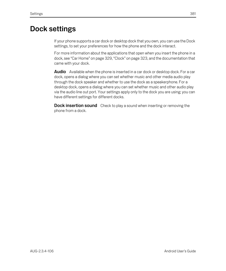Dock settings, Audio, Dock insertion sound | Dock settings 381 | Google Android 2.3.4 Users Guide User Manual | Page 381 / 384