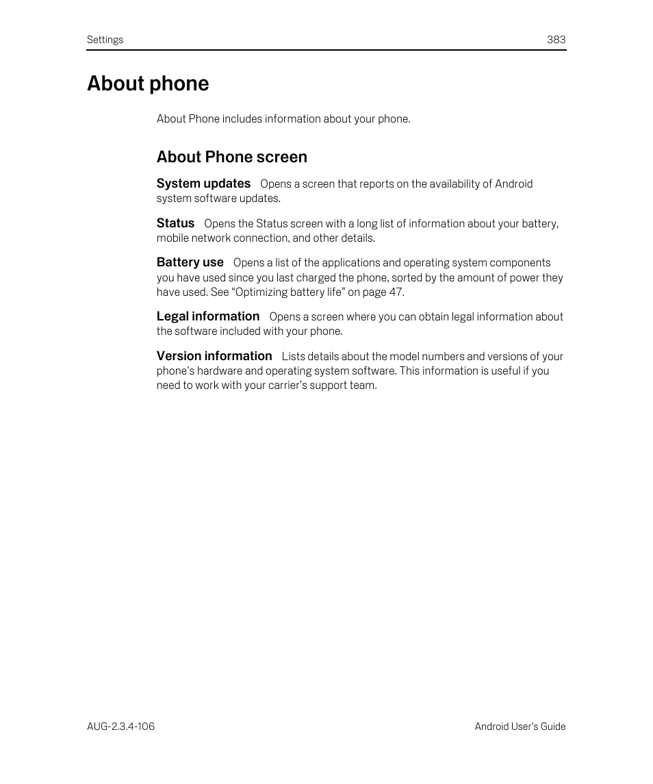 About phone, About phone screen, System updates | Status, Battery use, Legal information, Version information, About phone 383, About phone screen 383 | Google Android 2.3.4 Users Guide User Manual | Page 383 / 384