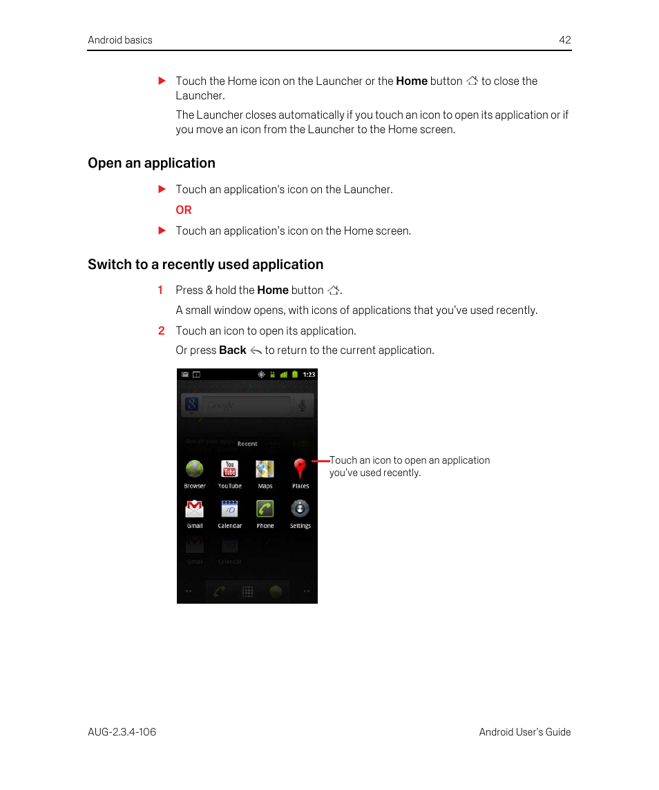 Open an application, Switch to a recently used application | Google Android 2.3.4 Users Guide User Manual | Page 42 / 384