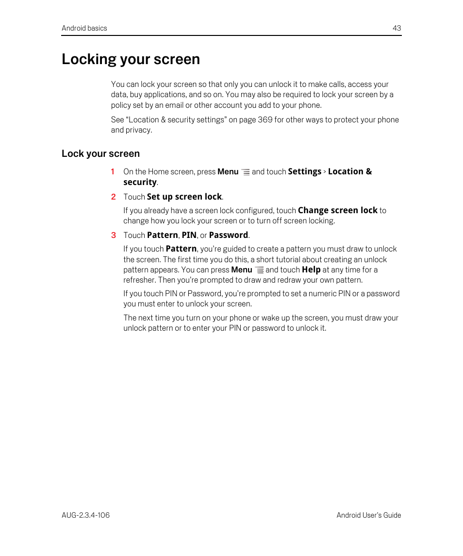 Locking your screen, Lock your screen, Locking your screen 43 | Google Android 2.3.4 Users Guide User Manual | Page 43 / 384