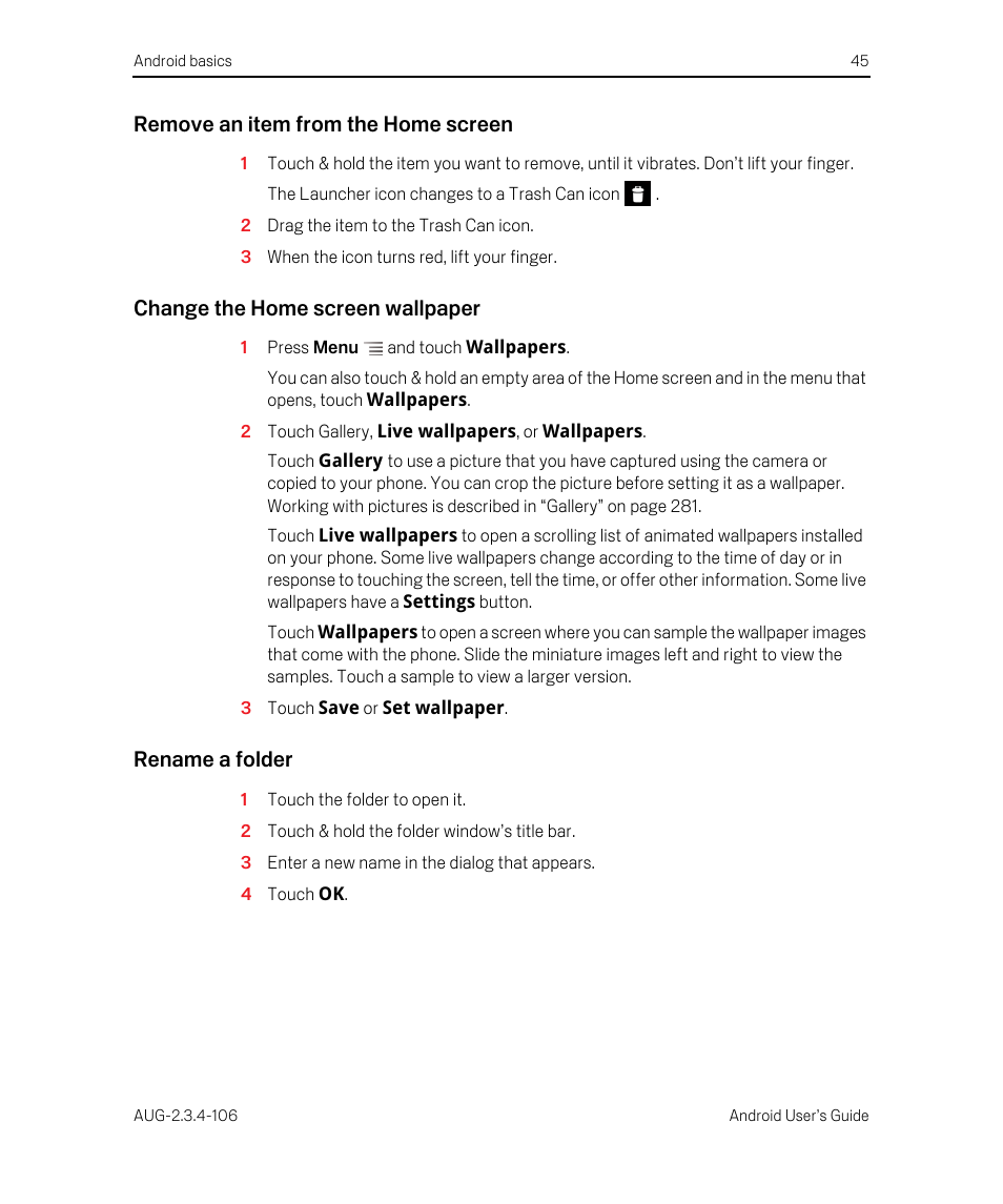 Remove an item from the home screen, Change the home screen wallpaper, Rename a folder | Google Android 2.3.4 Users Guide User Manual | Page 45 / 384