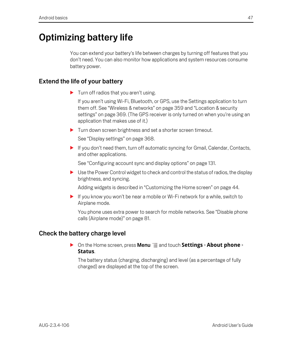 Optimizing battery life, Extend the life of your battery, Check the battery charge level | Optimizing battery life 47 | Google Android 2.3.4 Users Guide User Manual | Page 47 / 384