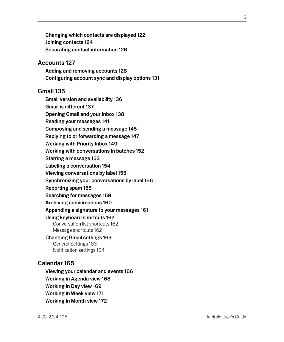 Accounts 127, Gmail 135, Calendar 165 | Google Android 2.3.4 Users Guide User Manual | Page 5 / 384