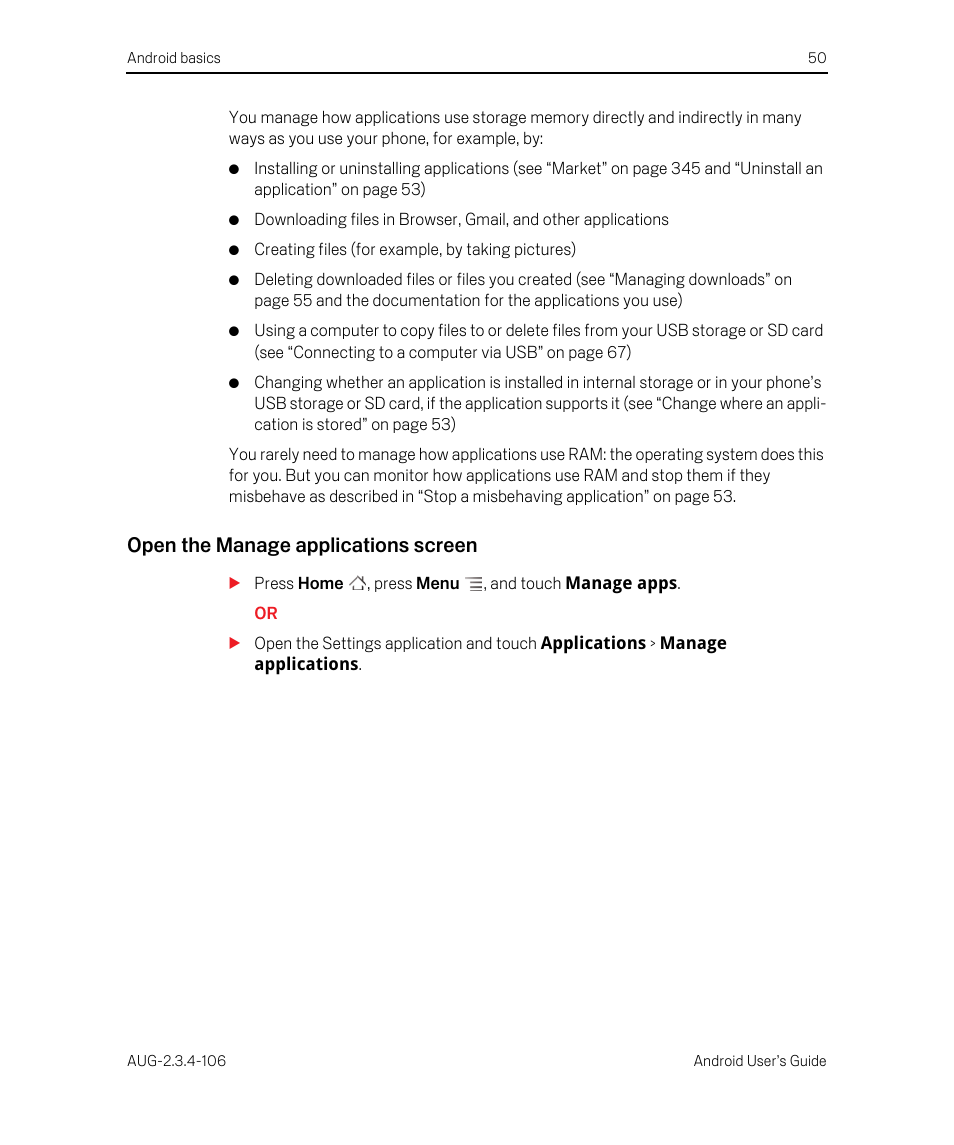 Open the manage applications screen | Google Android 2.3.4 Users Guide User Manual | Page 50 / 384