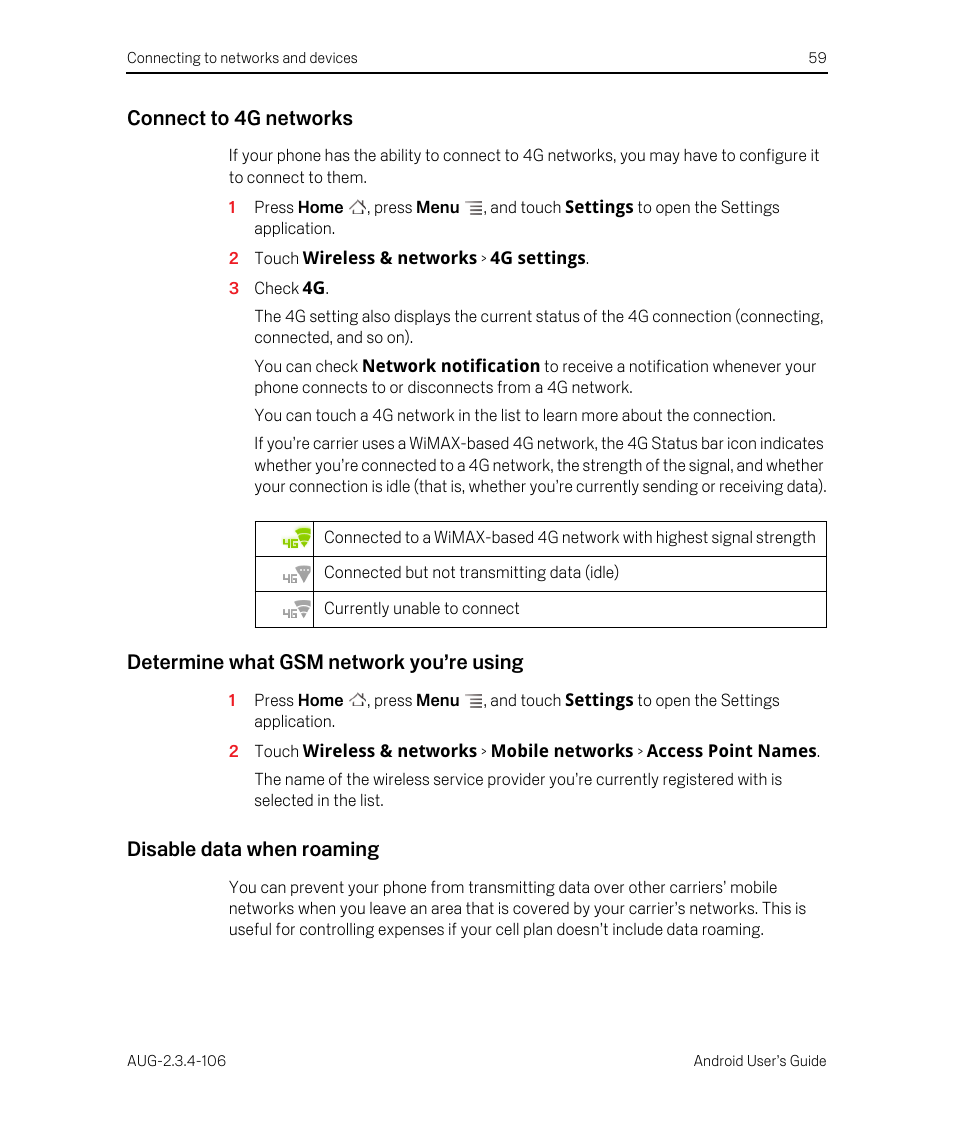 Connect to 4g networks, Determine what gsm network you’re using, Disable data when roaming | Google Android 2.3.4 Users Guide User Manual | Page 59 / 384