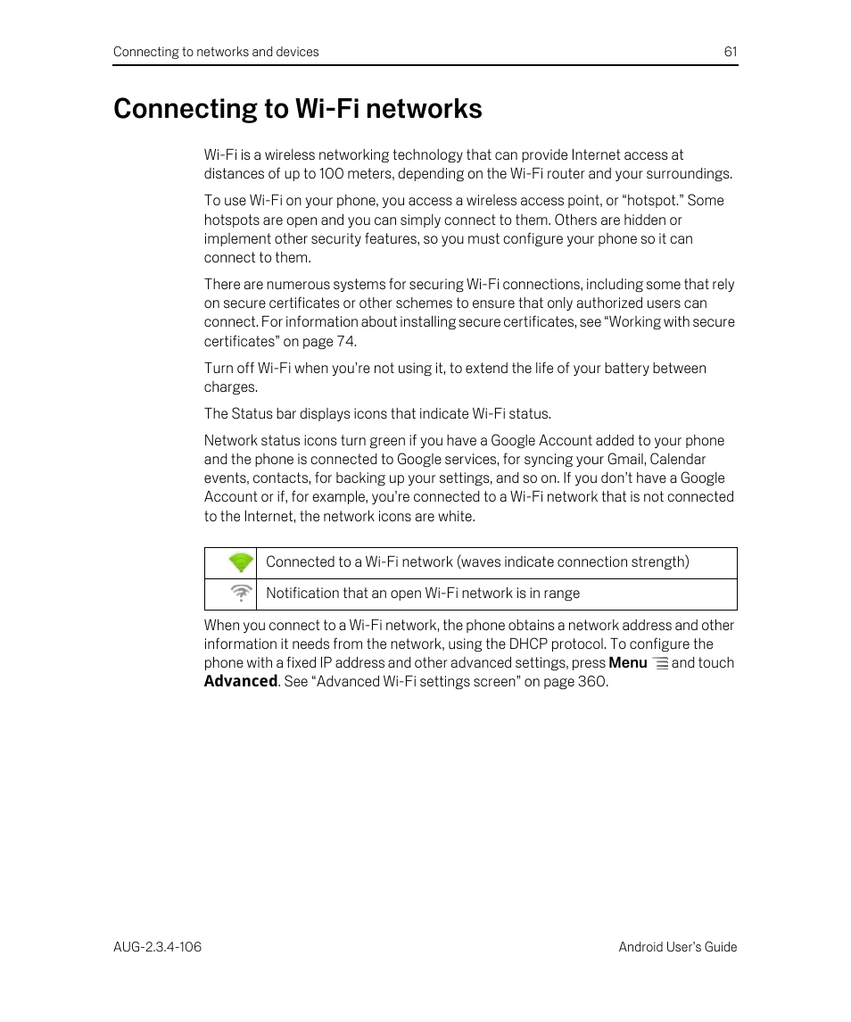 Connecting to wi-fi networks, Connecting to wi-fi networks 61 | Google Android 2.3.4 Users Guide User Manual | Page 61 / 384