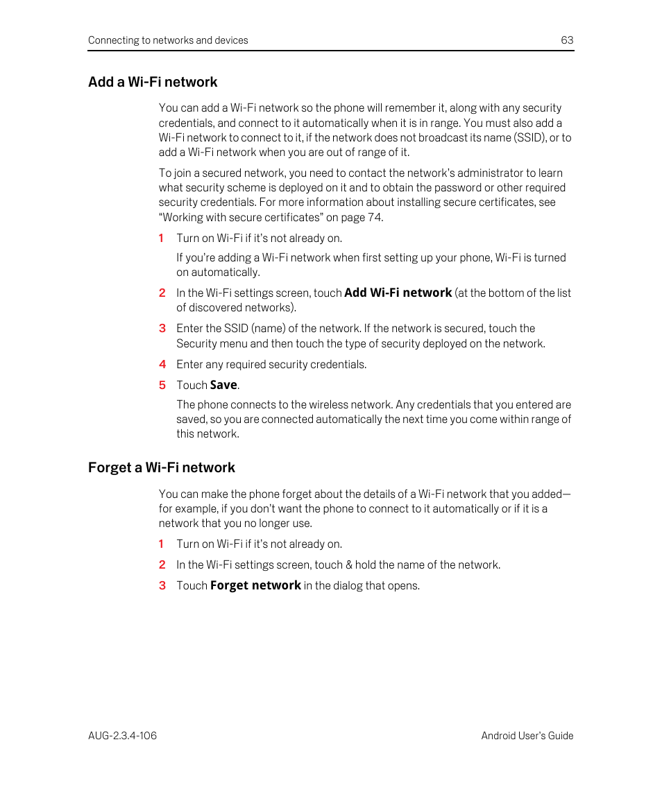 Add a wi-fi network, Forget a wi-fi network | Google Android 2.3.4 Users Guide User Manual | Page 63 / 384