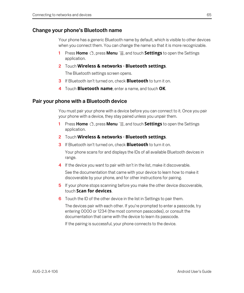 Change your phone’s bluetooth name, Pair your phone with a bluetooth device | Google Android 2.3.4 Users Guide User Manual | Page 65 / 384