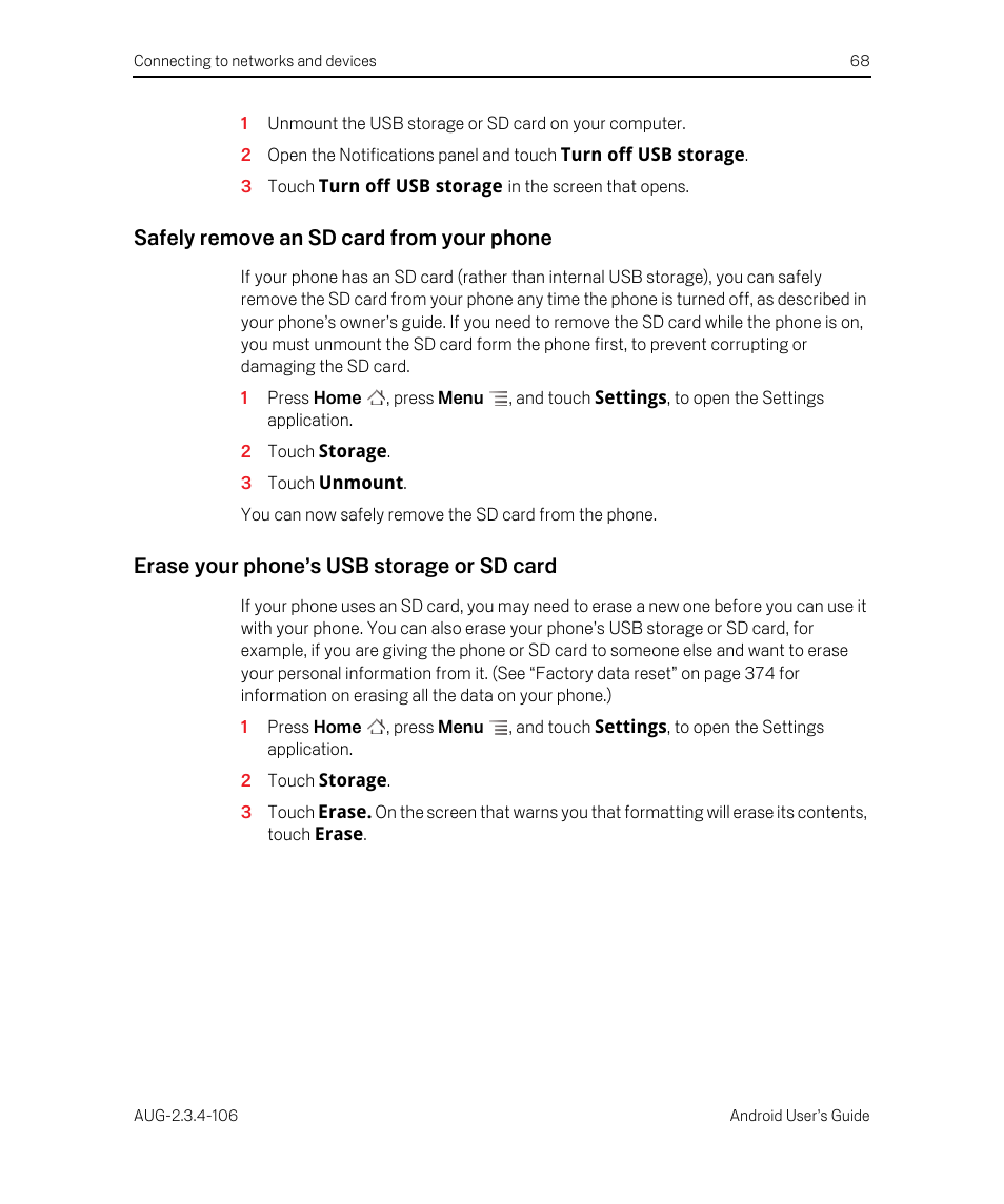 Safely remove an sd card from your phone, Erase your phone’s usb storage or sd card | Google Android 2.3.4 Users Guide User Manual | Page 68 / 384