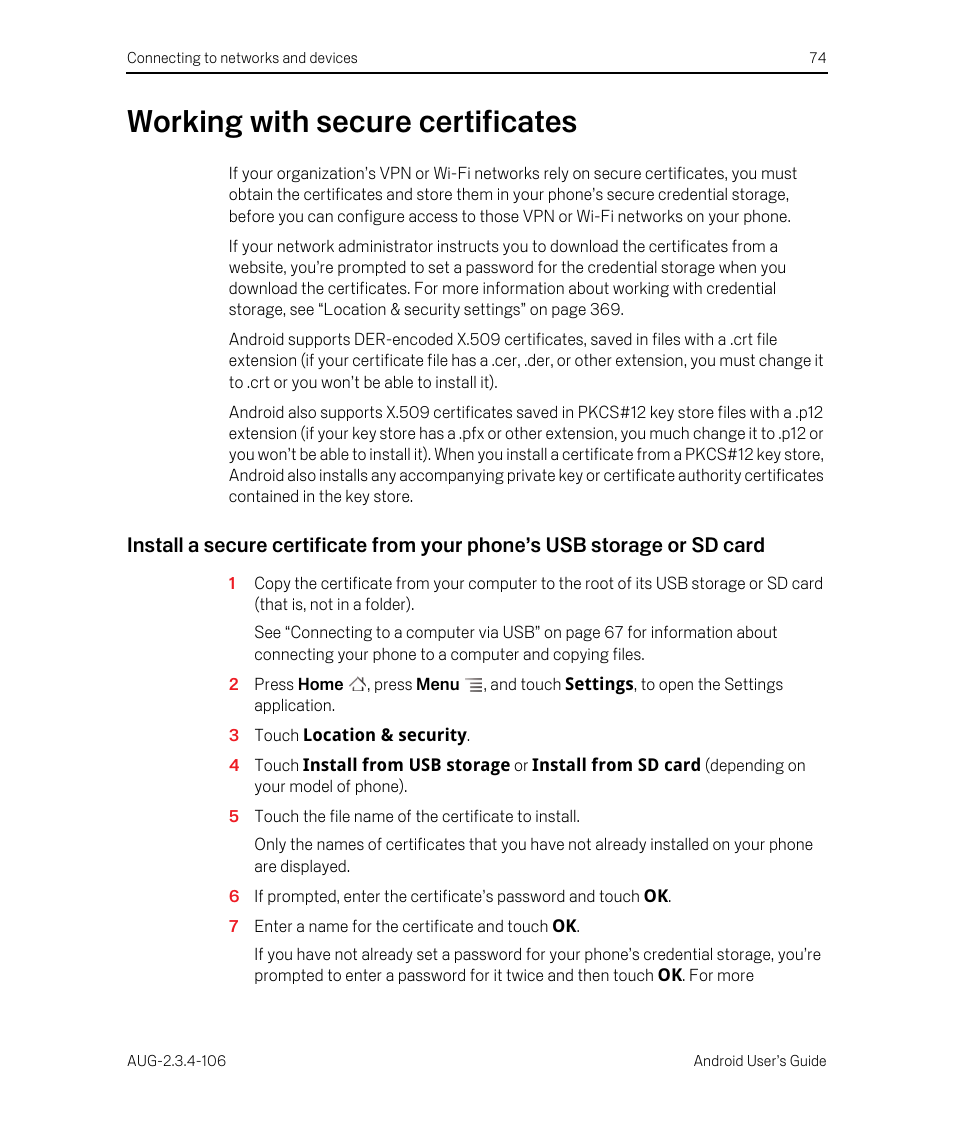 Working with secure certificates, Working with secure certificates 74 | Google Android 2.3.4 Users Guide User Manual | Page 74 / 384
