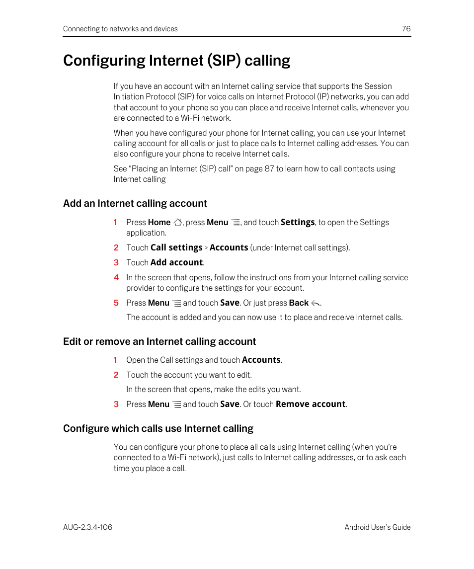 Configuring internet (sip) calling, Add an internet calling account, Edit or remove an internet calling account | Configure which calls use internet calling, Configuring internet (sip) calling 76 | Google Android 2.3.4 Users Guide User Manual | Page 76 / 384