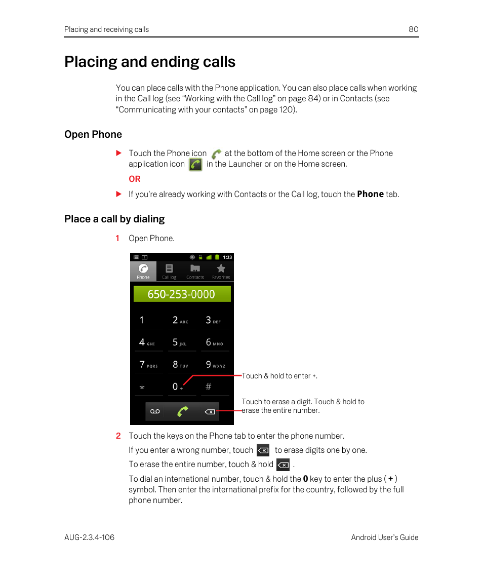 Placing and ending calls, Open phone, Place a call by dialing | Placing and ending calls 80 | Google Android 2.3.4 Users Guide User Manual | Page 80 / 384