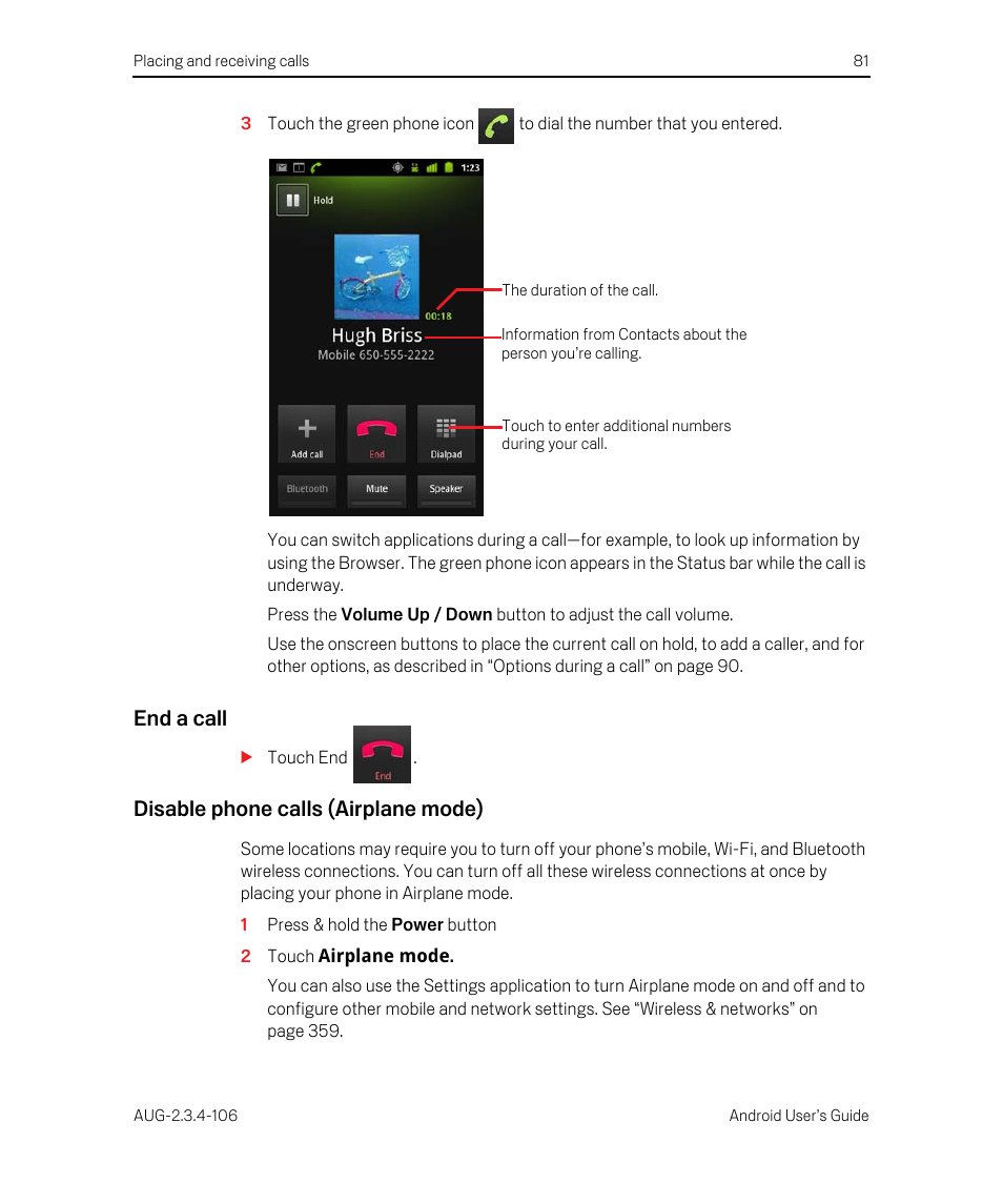 End a call, Disable phone calls (airplane mode) | Google Android 2.3.4 Users Guide User Manual | Page 81 / 384