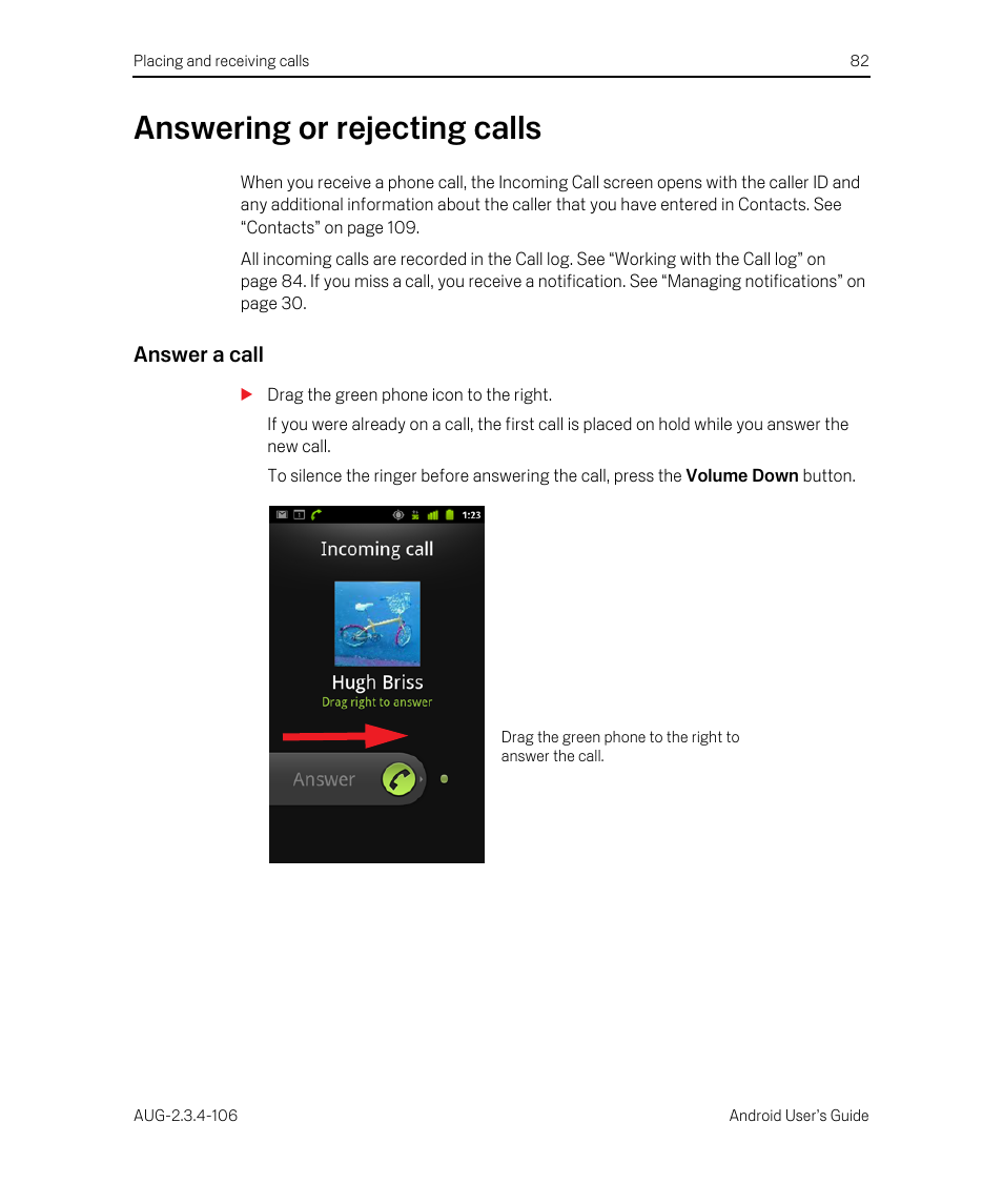 Answering or rejecting calls, Answer a call, Answering or rejecting calls 82 | Google Android 2.3.4 Users Guide User Manual | Page 82 / 384