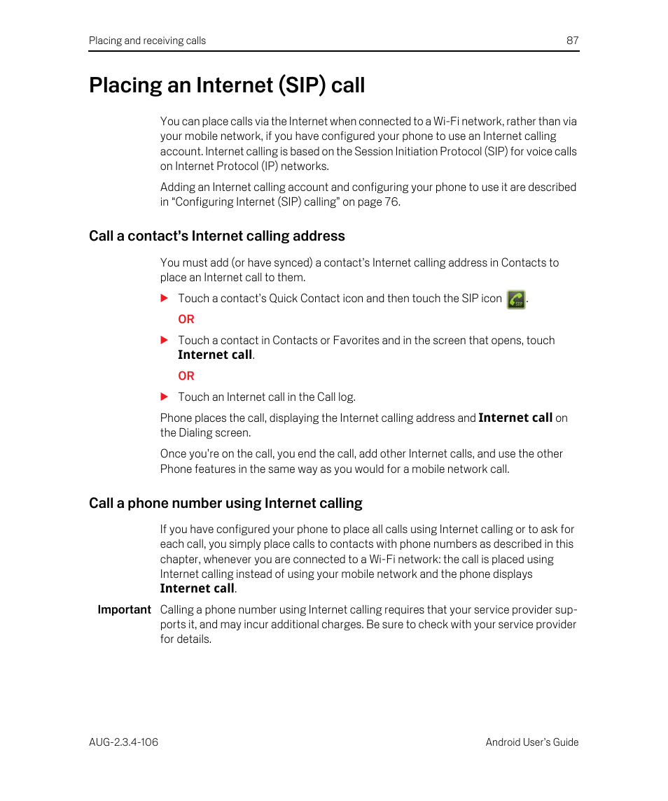 Placing an internet (sip) call, Call a contact’s internet calling address, Call a phone number using internet calling | Placing an internet (sip) call 87 | Google Android 2.3.4 Users Guide User Manual | Page 87 / 384