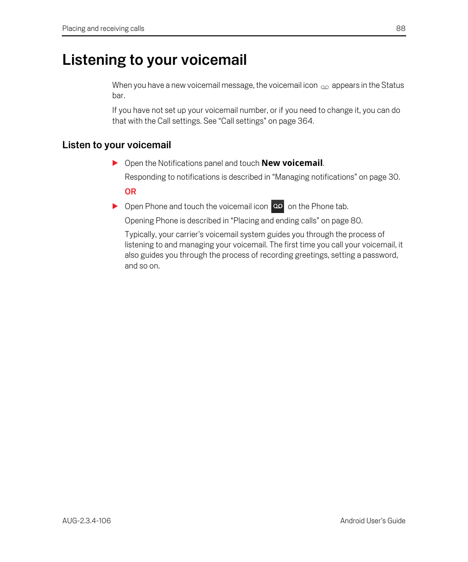 Listening to your voicemail, Listen to your voicemail, Listening to your voicemail 88 | Google Android 2.3.4 Users Guide User Manual | Page 88 / 384