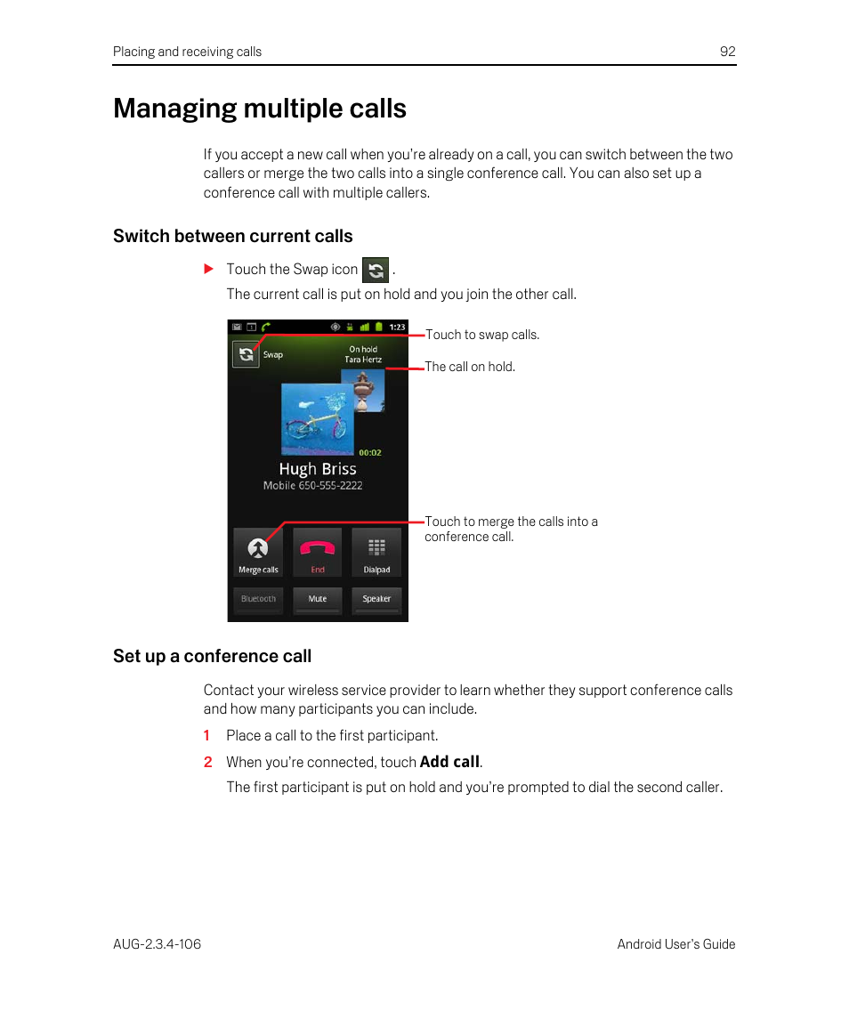 Managing multiple calls, Switch between current calls, Set up a conference call | Managing multiple calls 92 | Google Android 2.3.4 Users Guide User Manual | Page 92 / 384