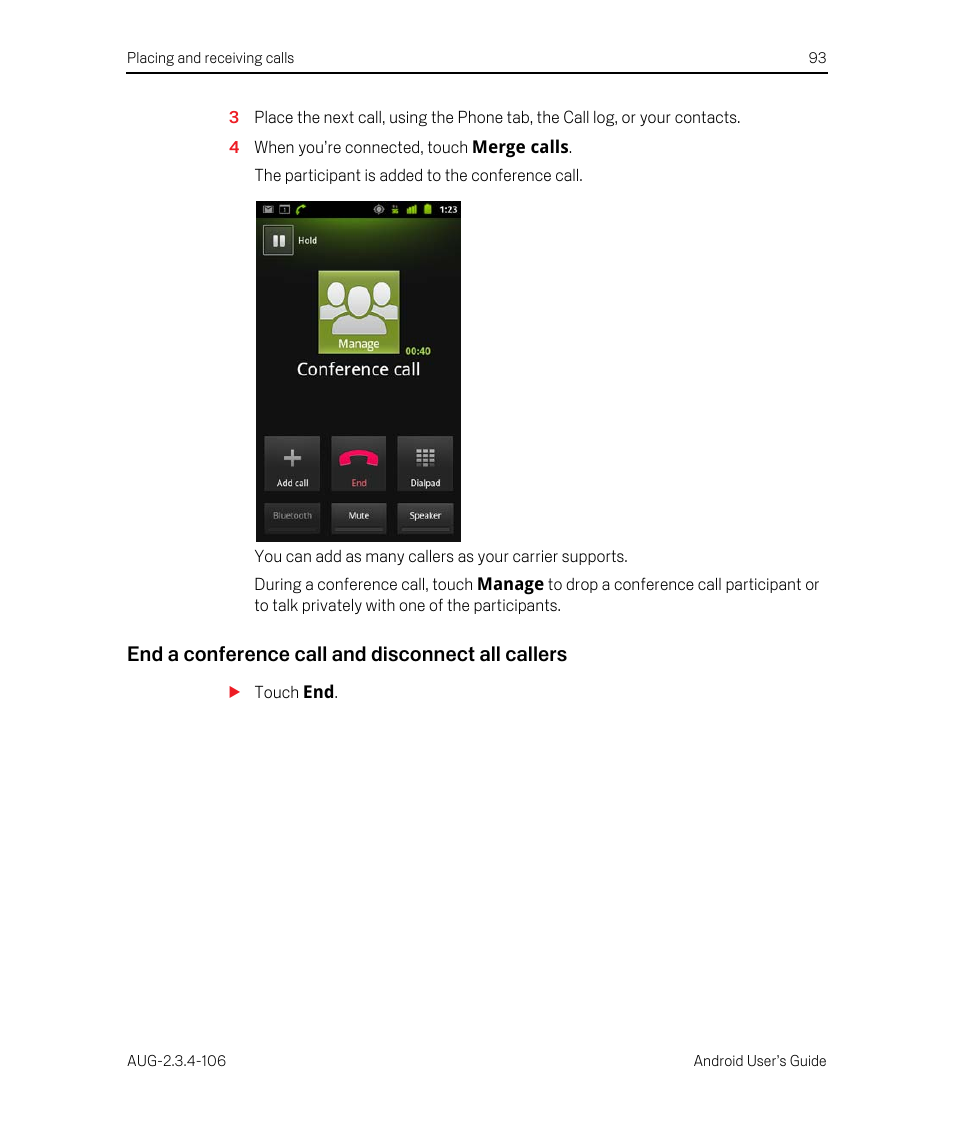 End a conference call and disconnect all callers | Google Android 2.3.4 Users Guide User Manual | Page 93 / 384