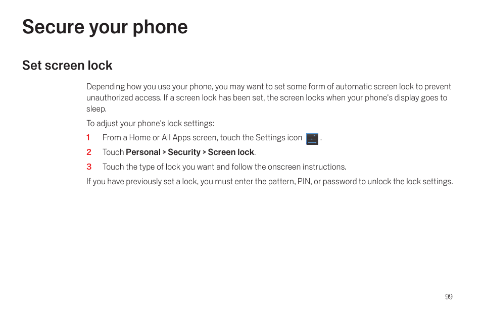 Secure your phone, Set screen lock, Secure your phone 99 | Set screen lock 99 | Google Galaxy Nexus Android mobile technology platform 4.0 Users Guide User Manual | Page 101 / 107