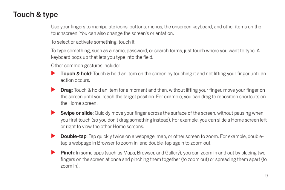 Touch & type, Touch & type 9 | Google Galaxy Nexus Android mobile technology platform 4.0 Users Guide User Manual | Page 11 / 107