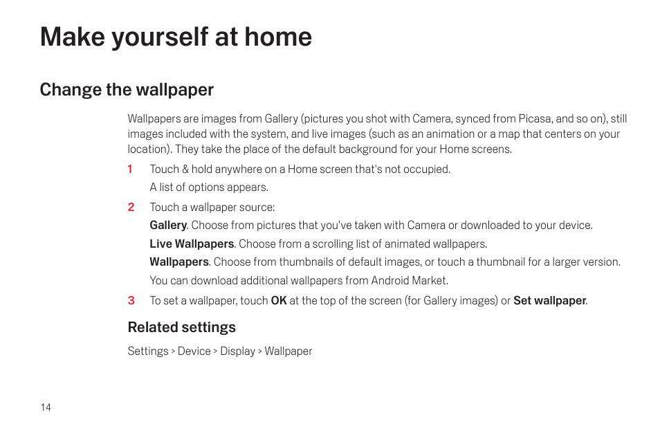 Make yourself at home, Change the wallpaper, Make yourself at home 14 | Change the wallpaper 14 | Google Galaxy Nexus Android mobile technology platform 4.0 Users Guide User Manual | Page 16 / 107