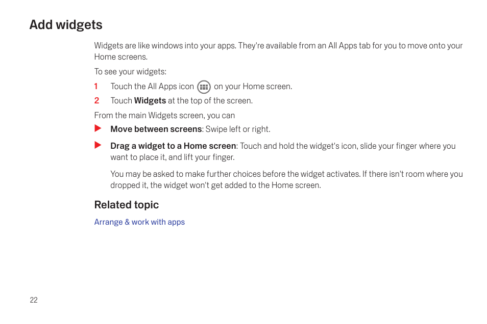 Add widgets, Add widgets 22 | Google Galaxy Nexus Android mobile technology platform 4.0 Users Guide User Manual | Page 24 / 107