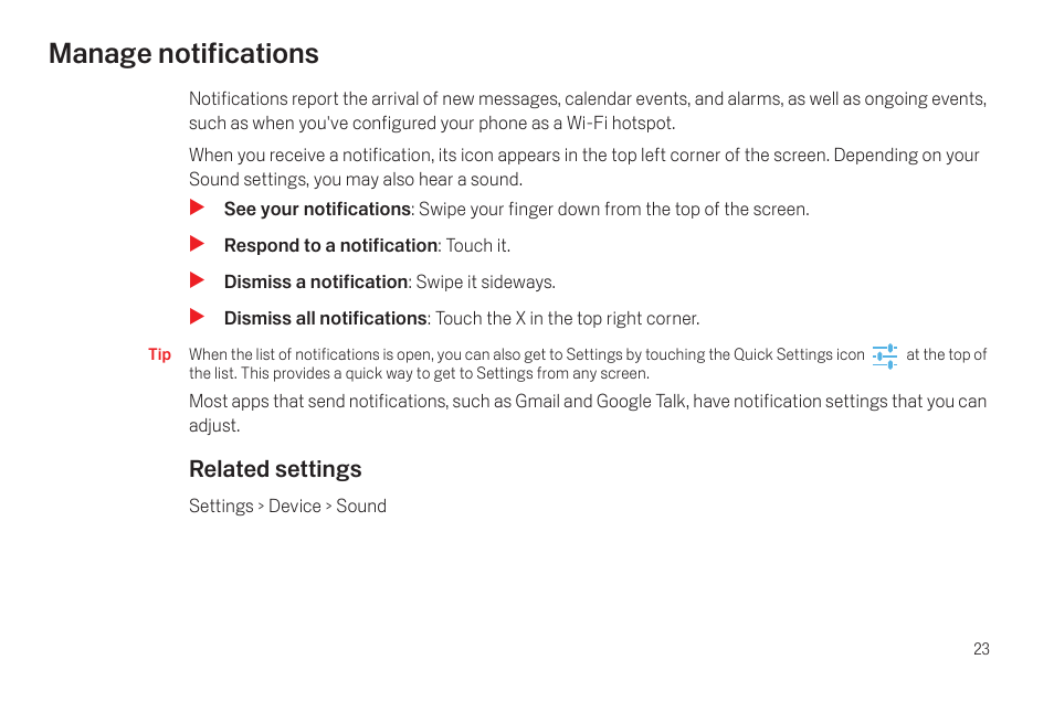 Manage notifications, Manage notifications 23 | Google Galaxy Nexus Android mobile technology platform 4.0 Users Guide User Manual | Page 25 / 107
