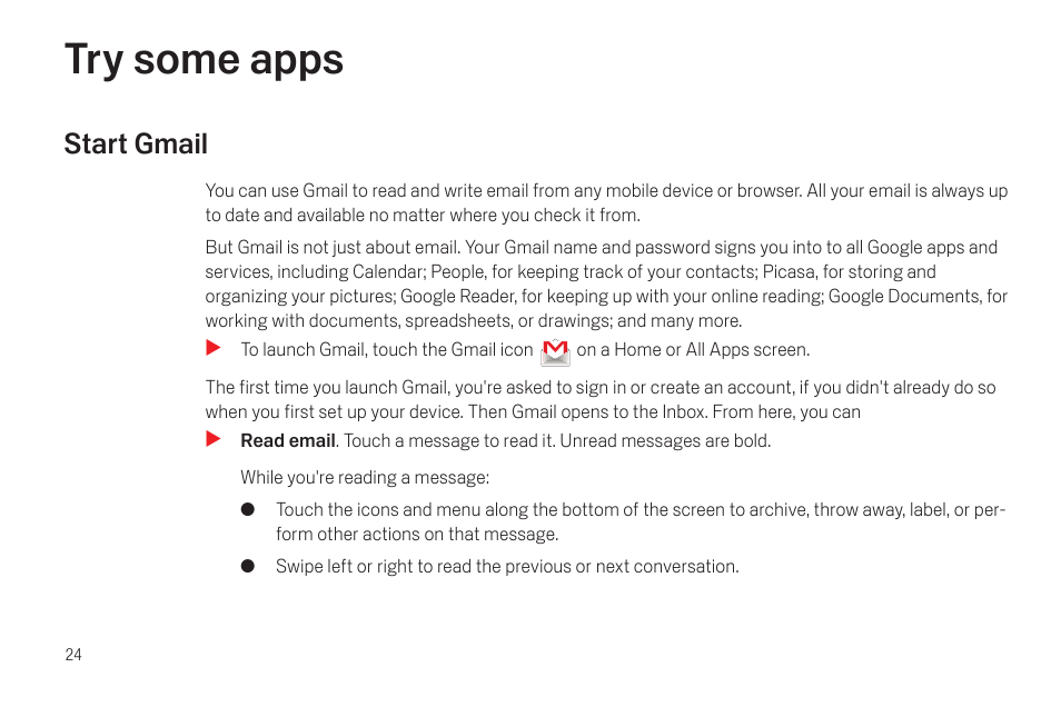 Try some apps, Start gmail, Try some apps 24 | Start gmail 24 | Google Galaxy Nexus Android mobile technology platform 4.0 Users Guide User Manual | Page 26 / 107