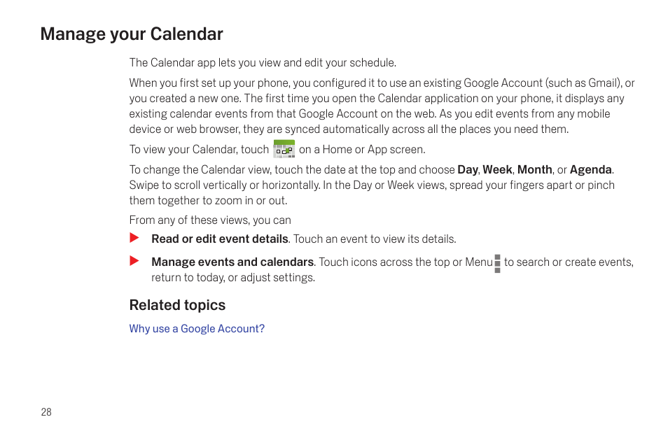Manage your calendar, Manage your calendar 28 | Google Galaxy Nexus Android mobile technology platform 4.0 Users Guide User Manual | Page 30 / 107