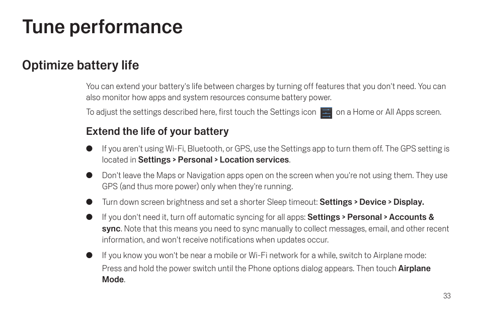 Tune performance, Optimize battery life, Tune performance 33 | Optimize battery life 33 | Google Galaxy Nexus Android mobile technology platform 4.0 Users Guide User Manual | Page 35 / 107