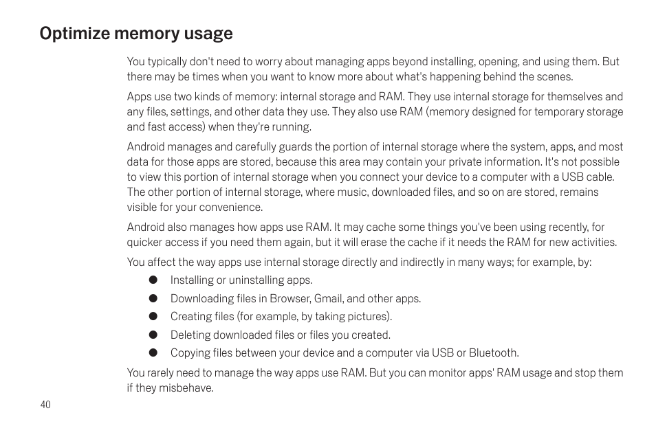 Optimize memory usage, Optimize memory usage 40 | Google Galaxy Nexus Android mobile technology platform 4.0 Users Guide User Manual | Page 42 / 107
