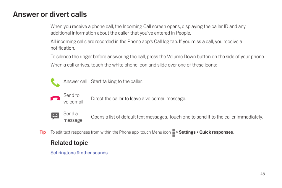 Answer or divert calls, Answer or divert calls 45 | Google Galaxy Nexus Android mobile technology platform 4.0 Users Guide User Manual | Page 47 / 107