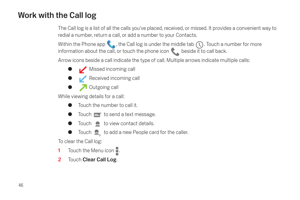 Work with the call log, Work with the call log 46 | Google Galaxy Nexus Android mobile technology platform 4.0 Users Guide User Manual | Page 48 / 107
