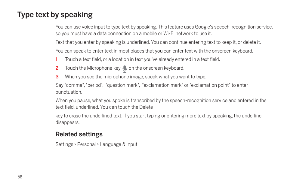 Type text by speaking, Type text by speaking 56 | Google Galaxy Nexus Android mobile technology platform 4.0 Users Guide User Manual | Page 58 / 107