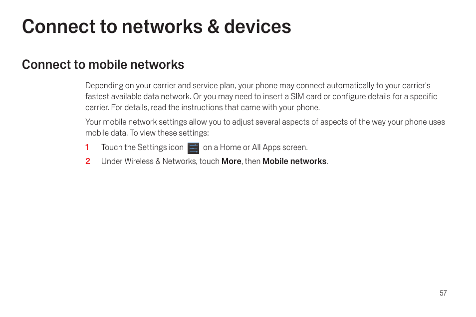 Connect to networks & devices, Connect to mobile networks, Connect to networks & devices 57 | Connect to mobile networks 57 | Google Galaxy Nexus Android mobile technology platform 4.0 Users Guide User Manual | Page 59 / 107