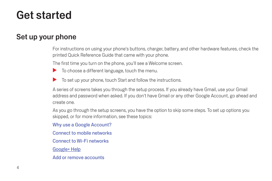 Get started, Set up your phone, Get started 4 | Set up your phone 4 | Google Galaxy Nexus Android mobile technology platform 4.0 Users Guide User Manual | Page 6 / 107
