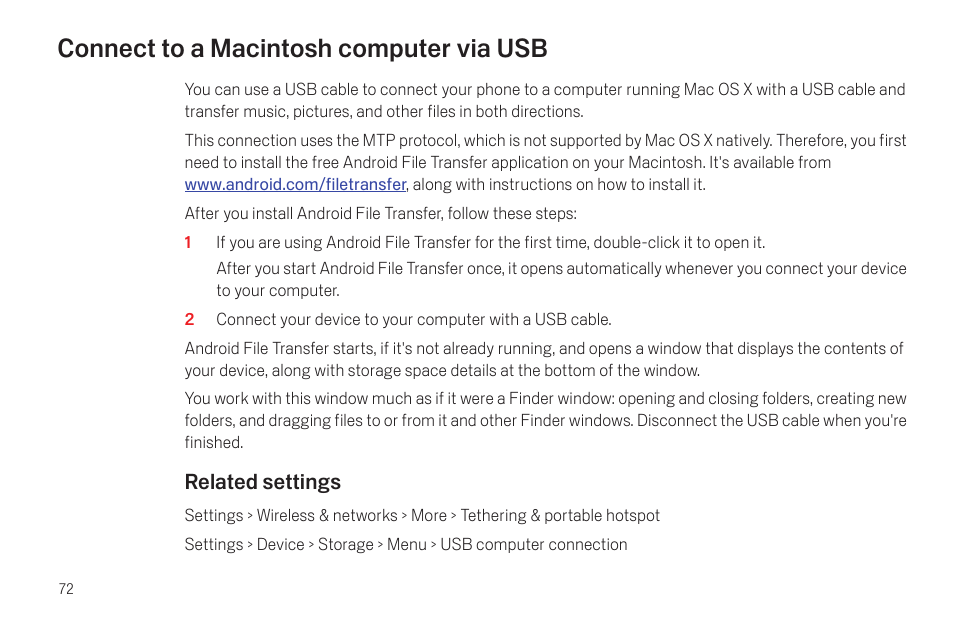 Connect to a macintosh computer via usb, Connect to a macintosh computer via usb 72 | Google Galaxy Nexus Android mobile technology platform 4.0 Users Guide User Manual | Page 74 / 107