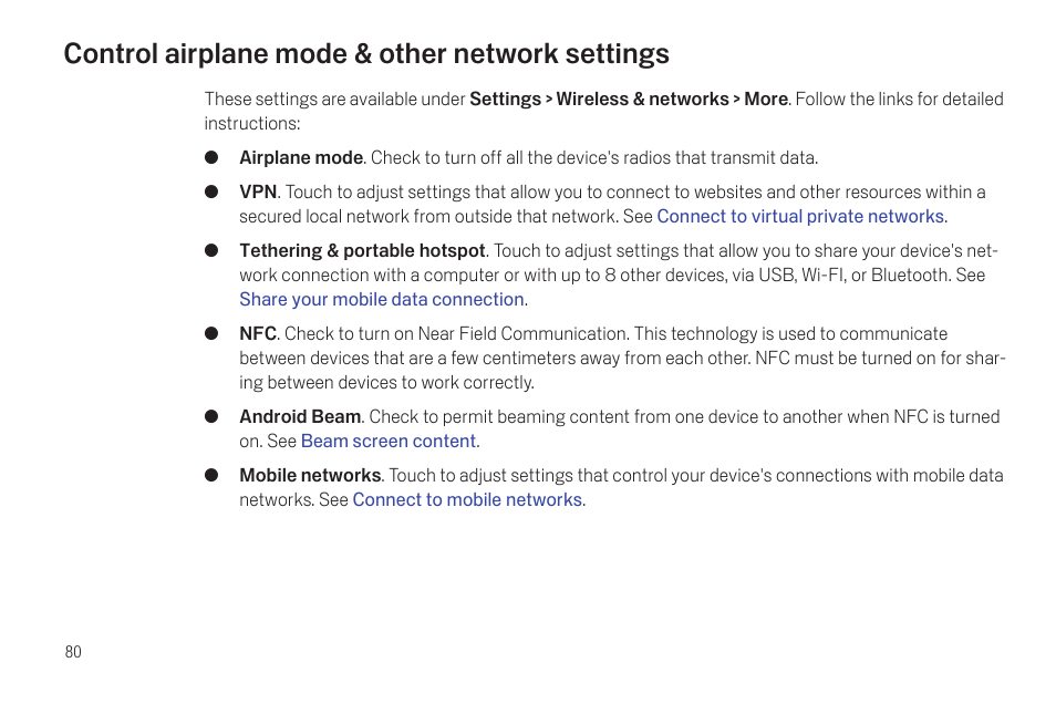 Control airplane mode & other network settings, Control airplane mode & other network settings 80 | Google Galaxy Nexus Android mobile technology platform 4.0 Users Guide User Manual | Page 82 / 107