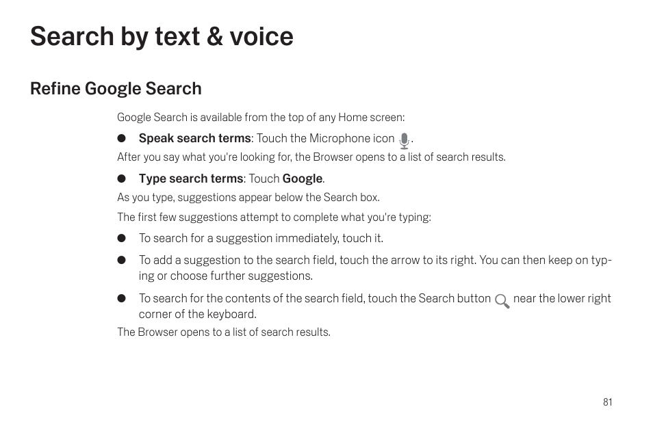 Search by text & voice, Refine google search, Search by text & voice 81 | Refine google search 81 | Google Galaxy Nexus Android mobile technology platform 4.0 Users Guide User Manual | Page 83 / 107
