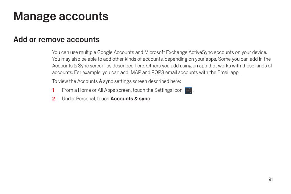 Manage accounts, Add or remove accounts, Manage accounts 91 | Add or remove accounts 91 | Google Galaxy Nexus Android mobile technology platform 4.0 Users Guide User Manual | Page 93 / 107