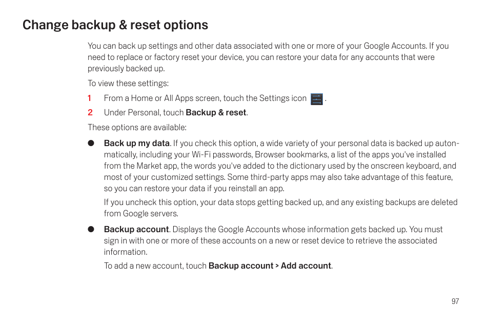 Change backup & reset options, Change backup & reset options 97 | Google Galaxy Nexus Android mobile technology platform 4.0 Users Guide User Manual | Page 99 / 107
