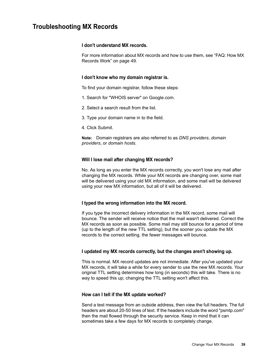 Troubleshooting mx records, I don't understand mx records, I don't know who my domain registrar is | Will i lose mail after changing mx records, I typed the wrong information into the mx record, How can i tell if the mx update worked | Google Activation Guide Postini Email Security User Manual | Page 35 / 46