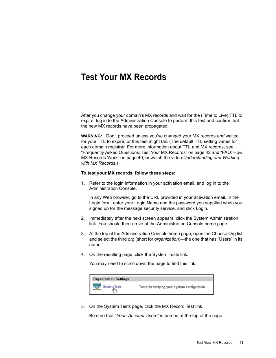 Test your mx records | Google Activation Guide Postini Email Security User Manual | Page 37 / 46