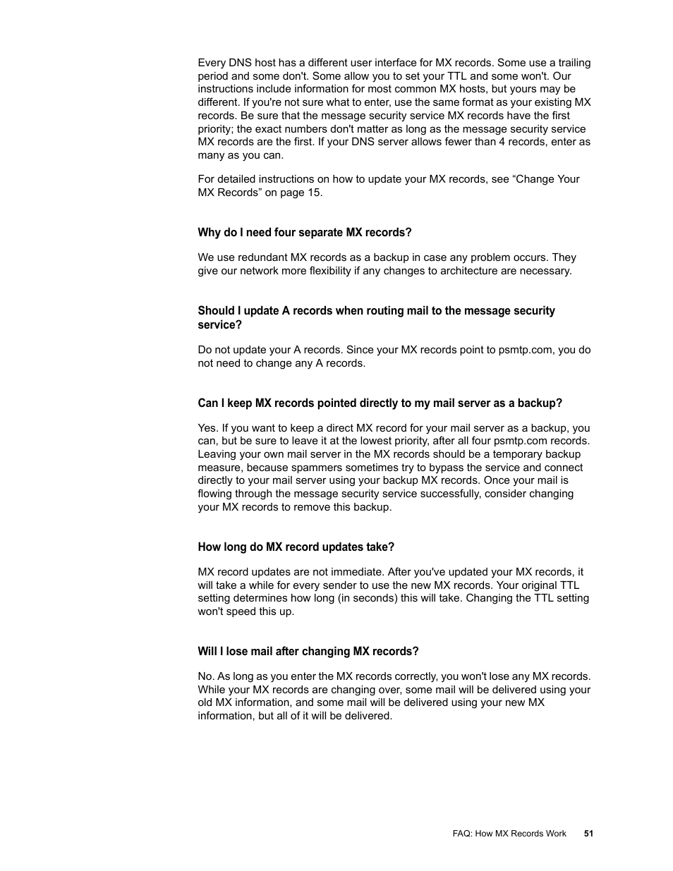 Why do i need four separate mx records, How long do mx record updates take, Will i lose mail after changing mx records | Google Activation Guide Postini Email Security User Manual | Page 45 / 46