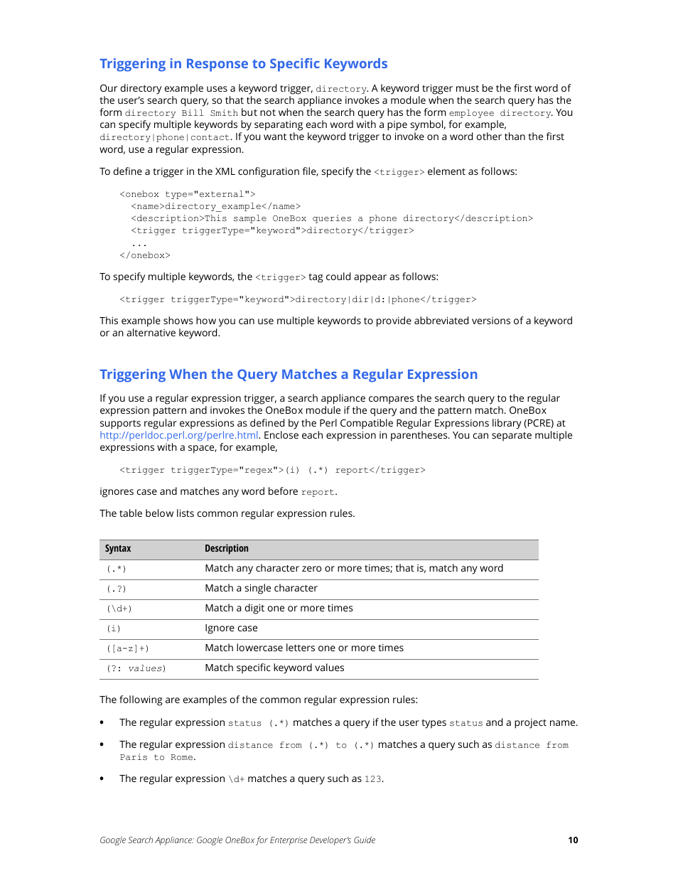 Triggering in response to specific keywords | Google Search Appliance OneBox for Enterprise Developers Guide User Manual | Page 10 / 30